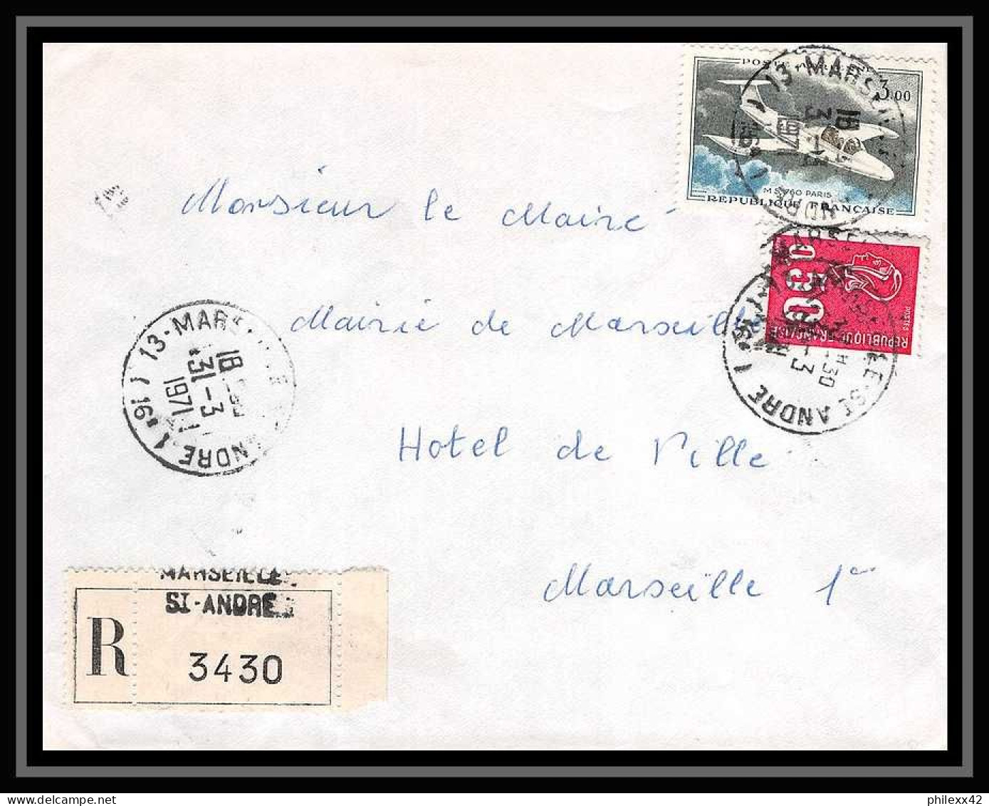 110726 Lettre Recommandé Cover Bouches Du Rhone PA Poste Aerienne N°39 Morane Saulnier 1971 Marseille Saint André  - 1960-.... Lettres & Documents