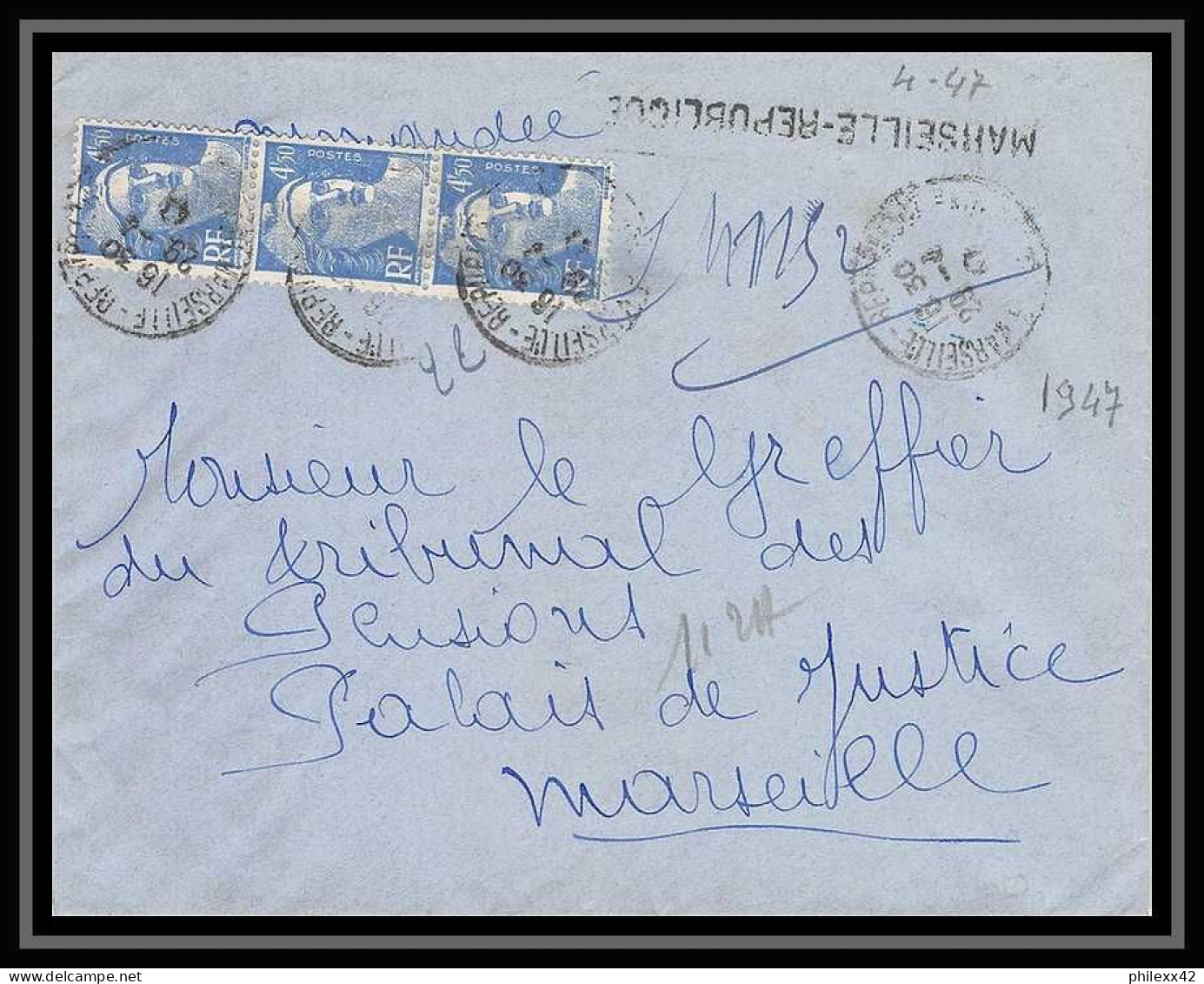 110525 Lettre Recommandé Provisoire Cover Bouches Du Rhone N°718a Gandon 1947 Marseille République  - Cachets Provisoires