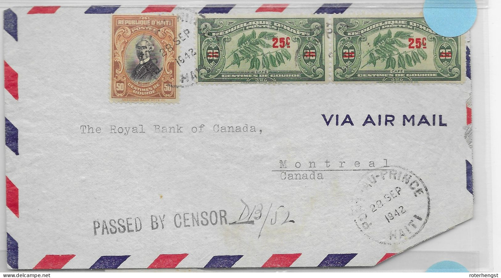 Haiti Letter To Canada 1942 CENSORED (with 1924 Stamp On Left) - Haití