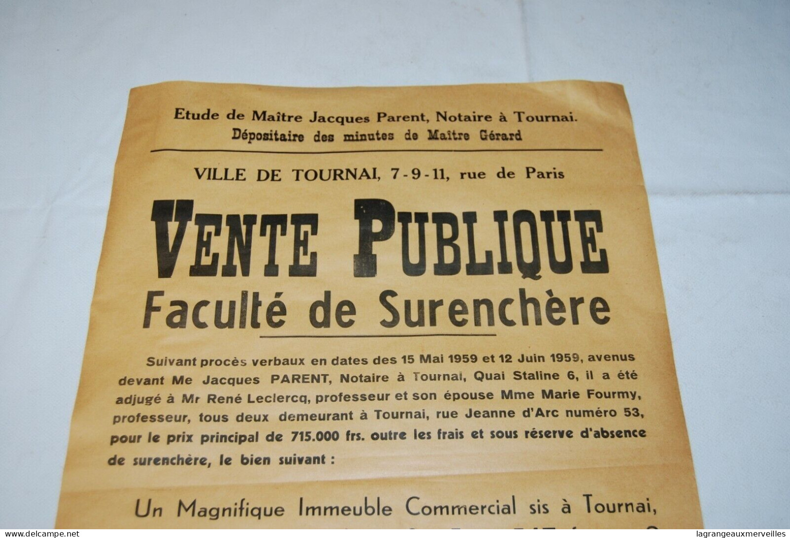 AF1 Affiche - Vente Publique Notaire - Tournai - Notaire Gérard - 1959 N°2 - Posters