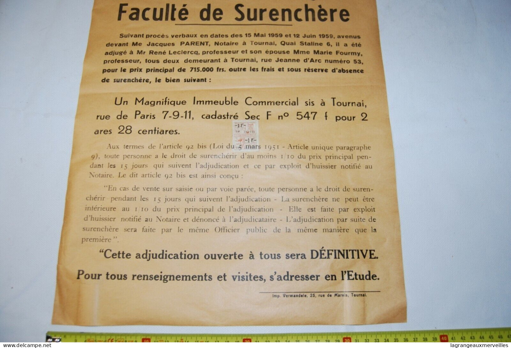 AF1 Affiche - Vente Publique Notaire - Tournai - Notaire Gérard - 1959 N°2 - Affiches