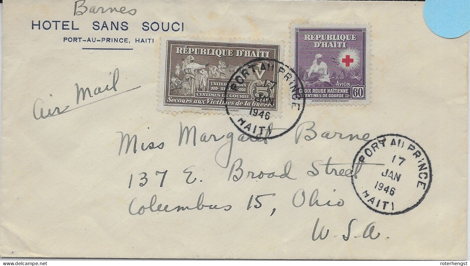 Haiti Hotel Letter Port Au Prince 1946 To USA With Red Cross Stamp - Haití