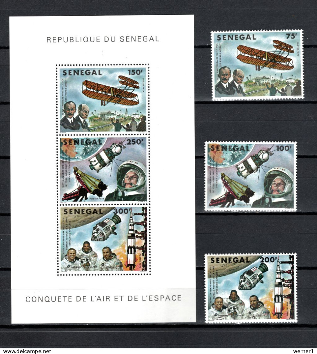 Senegal 1978 Space, Aviation, Yuri Gagarin, Moonlanding Set Of 3 + S/s MNH - Afrika