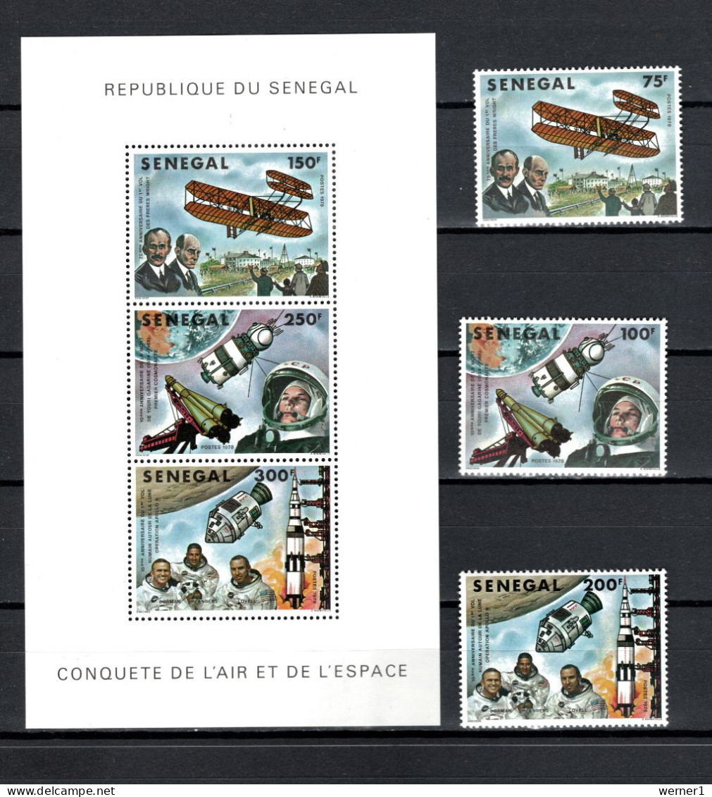 Senegal 1978 Space, Aviation, Yuri Gagarin, Moonlanding Set Of 3 + S/s MNH - Africa