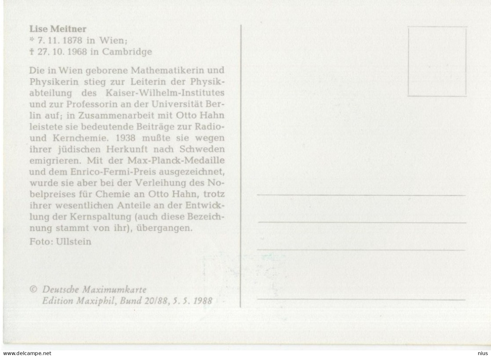 Germany Deutschland 1988 Maximum Card, Lise Meitner, Austrian-Swedish Physicist, Physics Physik, Canceled In Bonn - 1981-2000