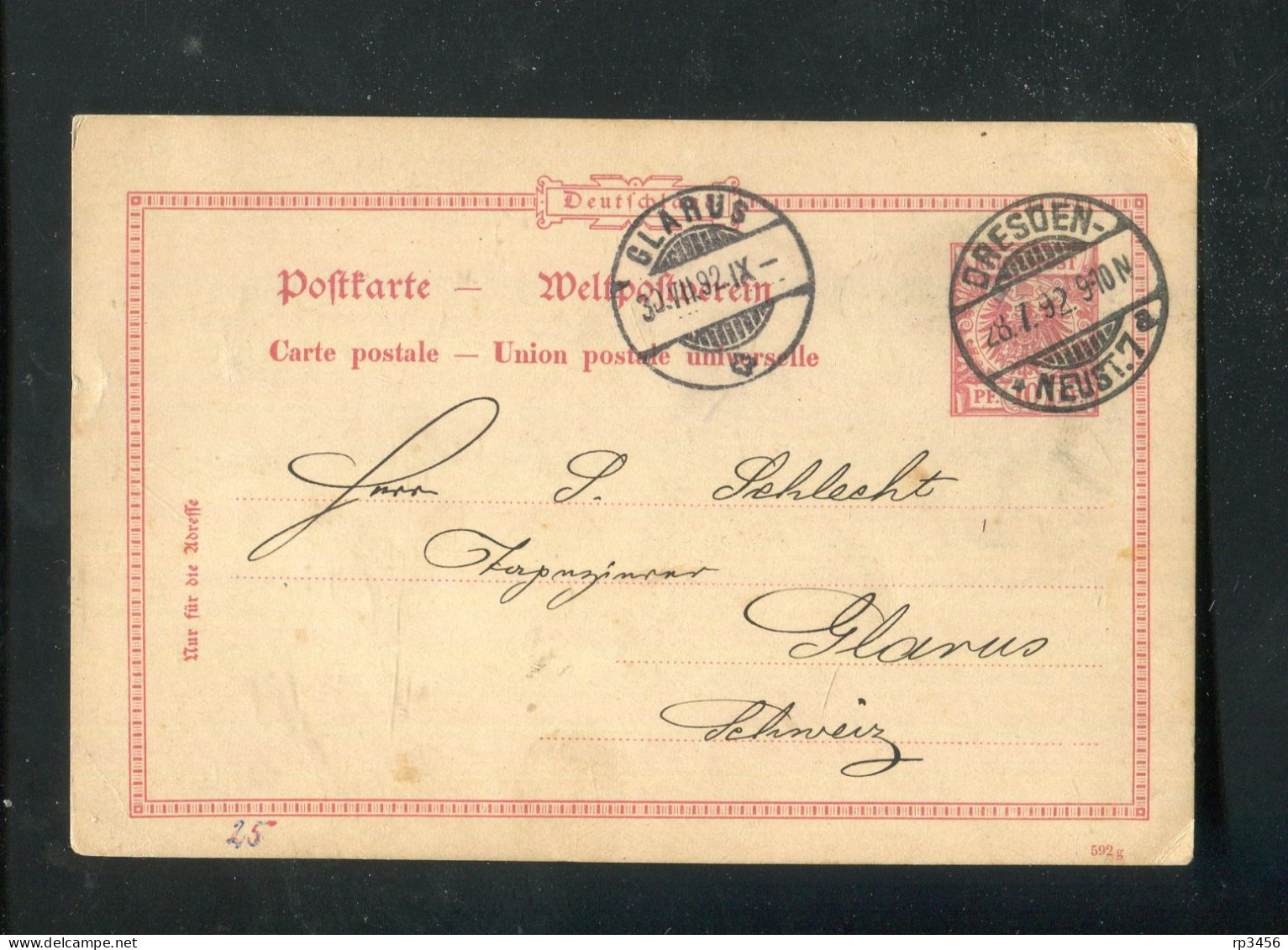 "DEUTSCHES REICH" 1892, Postkarte Mit Stegstempel "DRESDEN" Und Ankunftsstempel "GLARUS" (R1087) - Postkarten