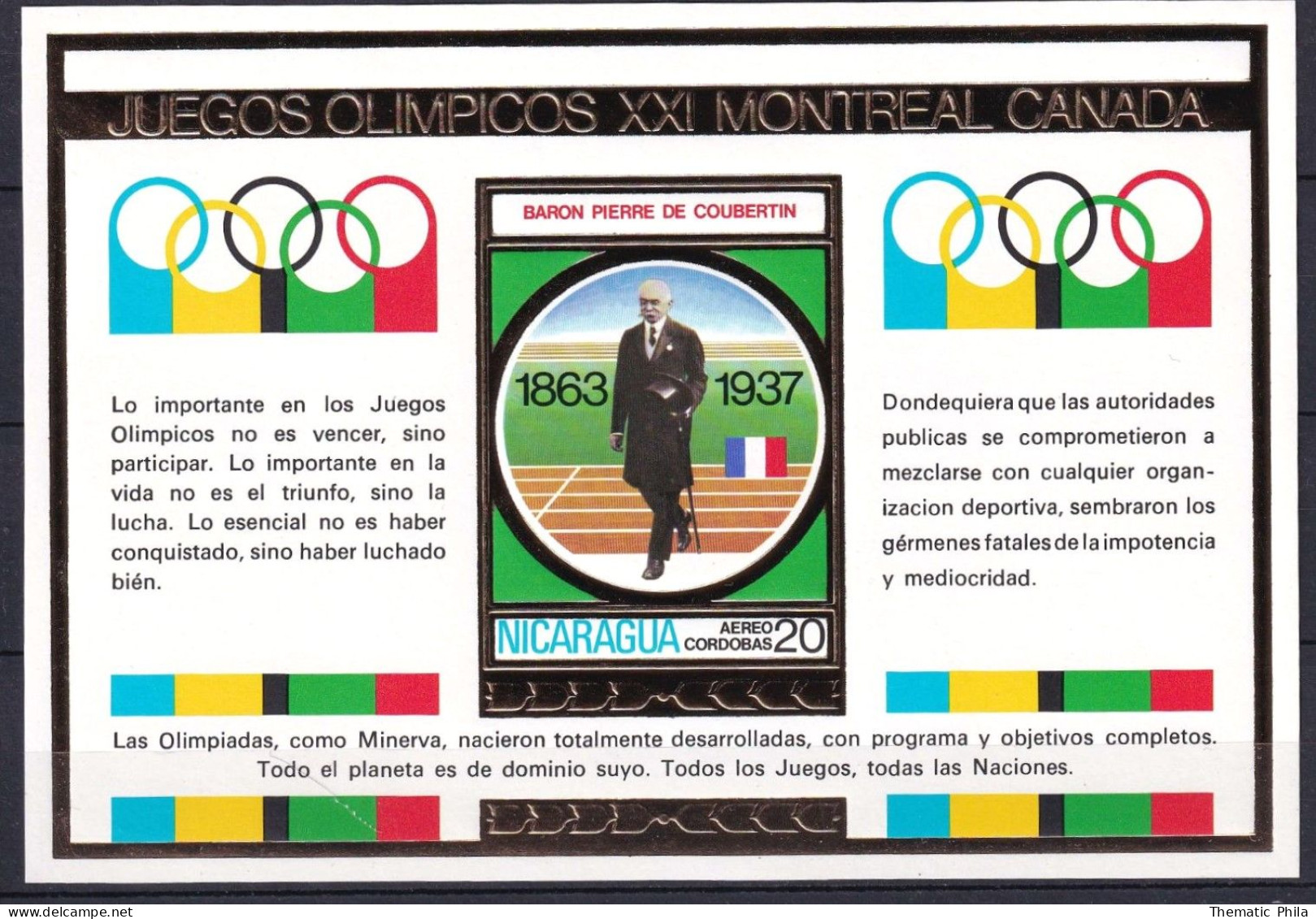 1976 Montreal Olympic Games  Coubertin NICARAGUA Block S/S MNH Gold Imperforate - Ete 1976: Montréal