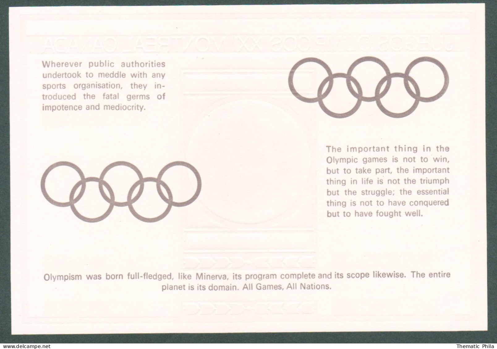 1976 Montreal Olympic Games  Coubertin NICARAGUA Block S/S MNH Gold Imperforate - Verano 1976: Montréal