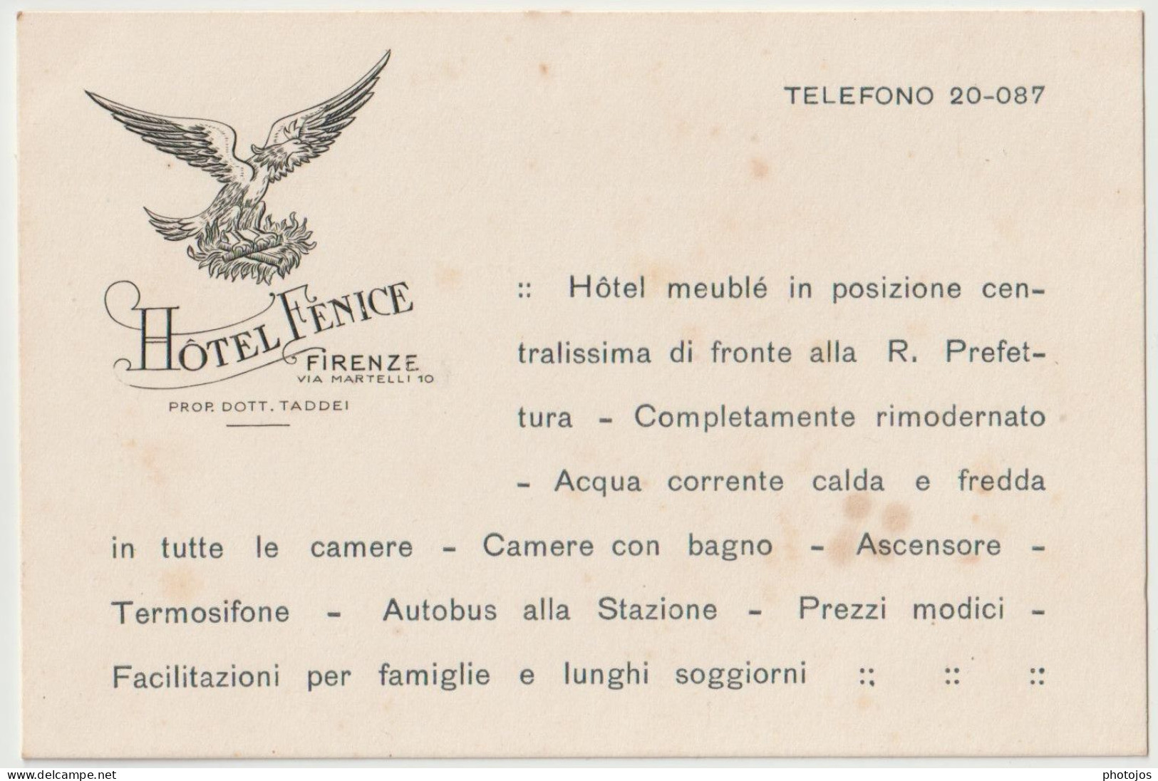 Carte Commerciale  Hotel Fenice Florence (Italie)  Firenze Italia - Cartoncini Da Visita