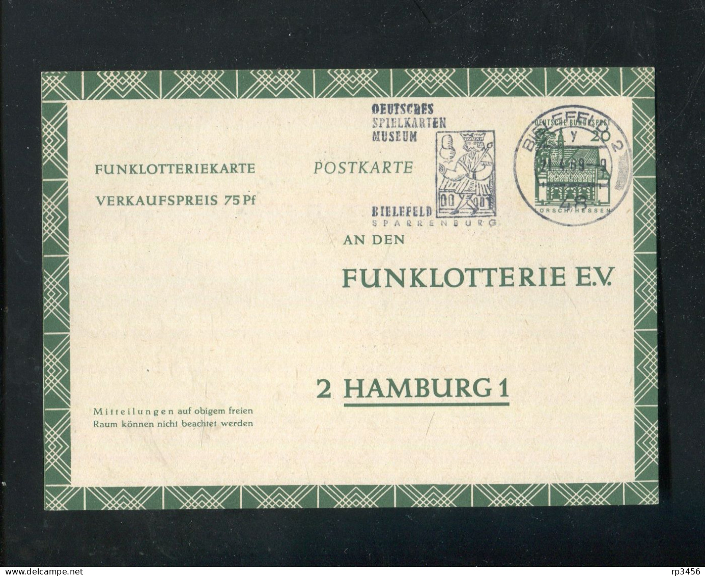 "BUNDESREPUBLIK DEUTSCHLAND" 1969, Funklotterie-Postkarte Stempel "BIELEFELD, Spielkartenmuseum" (R1089) - Postkaarten - Gebruikt