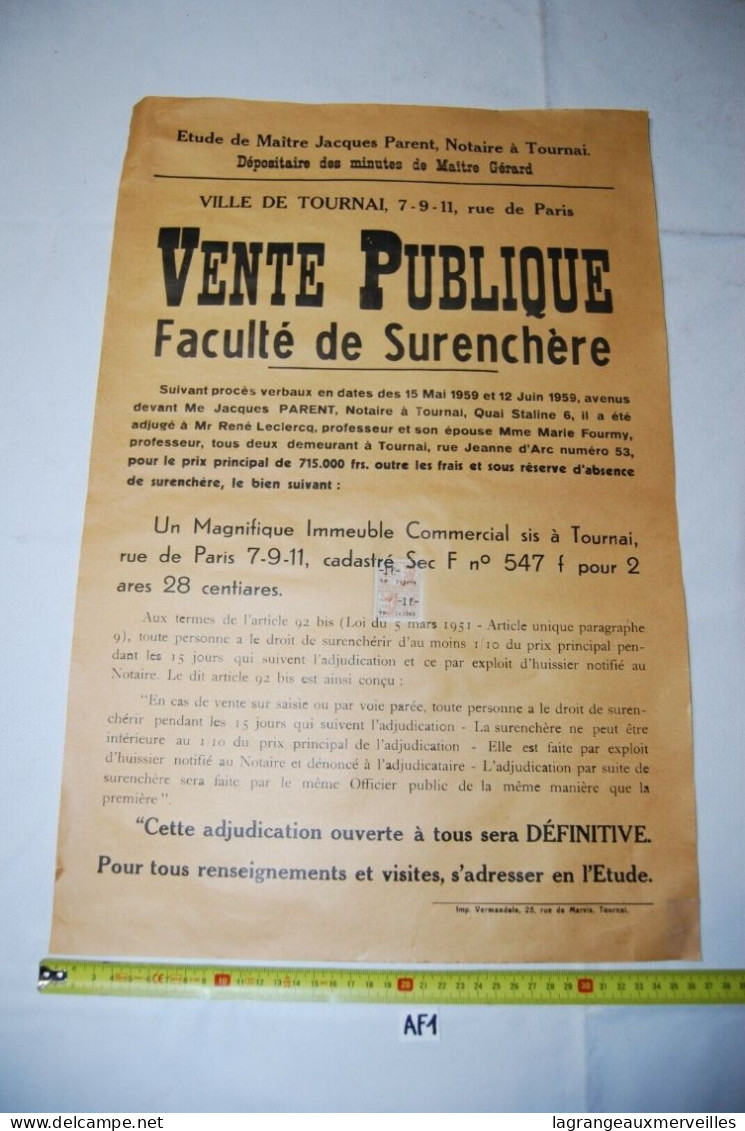 AF1 Affiche - Vente Publique Notaire - Tournai - Notaire Gérard - 1959 N°5 - Affiches