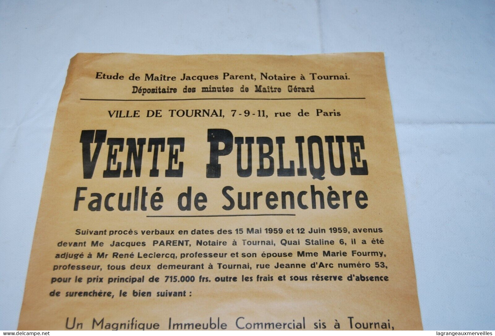 AF1 Affiche - Vente Publique Notaire - Tournai - Notaire Gérard - 1959 N°5 - Manifesti