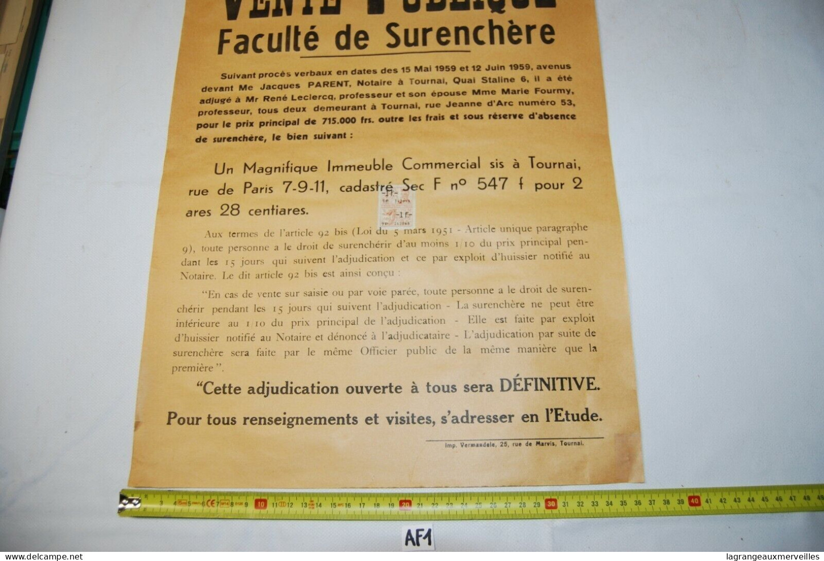 AF1 Affiche - Vente Publique Notaire - Tournai - Notaire Gérard - 1959 N°5 - Posters