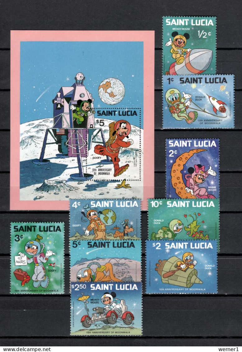 St. Lucia 1980 Space, Walt Disney, Apollo 11 Moonlanding 10th Anniversary Set Of 9 + S/s MNH - Nordamerika