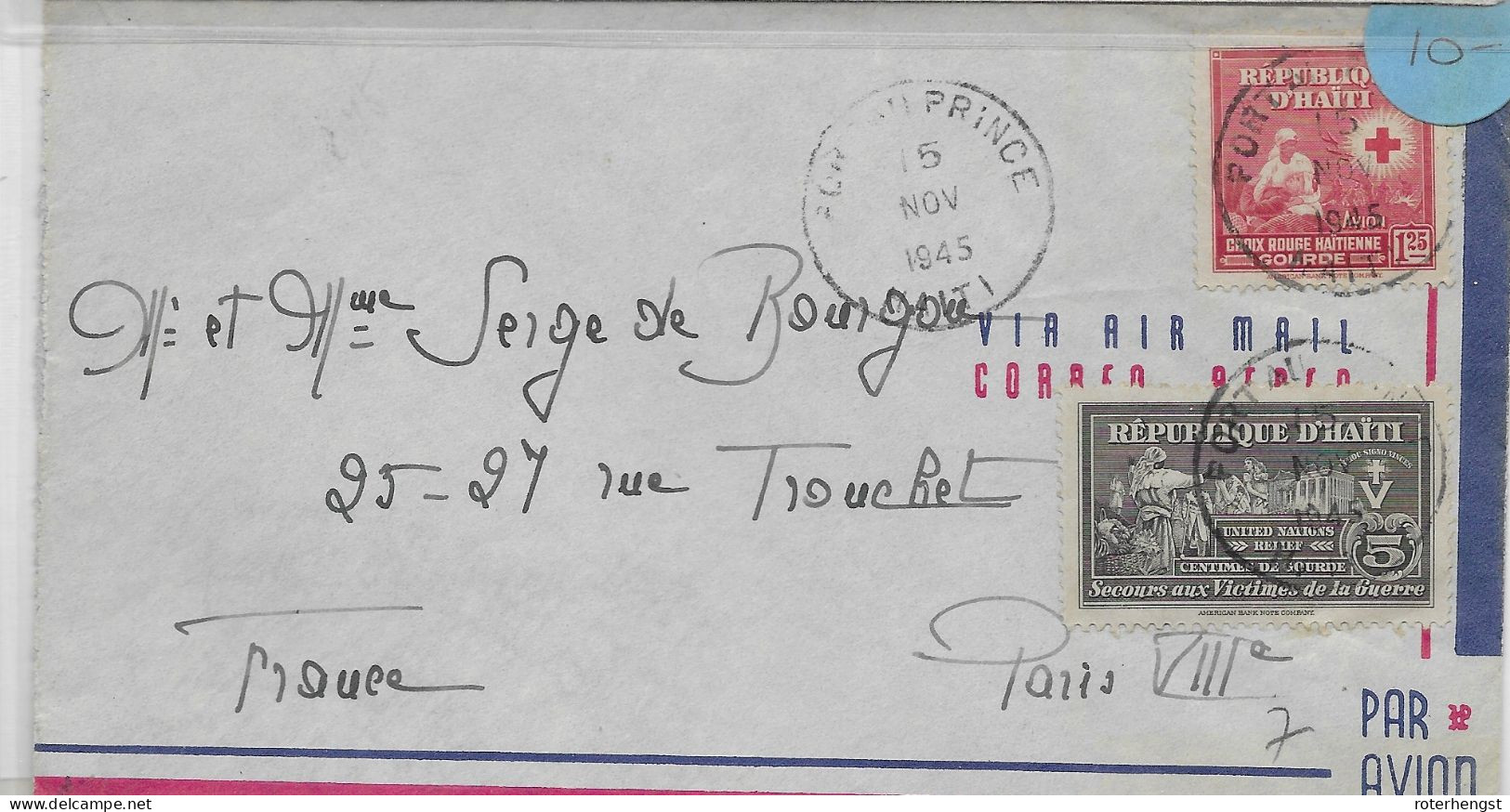 Haiti 1945 Letter To Paris With Red Cross Stamp - Haití