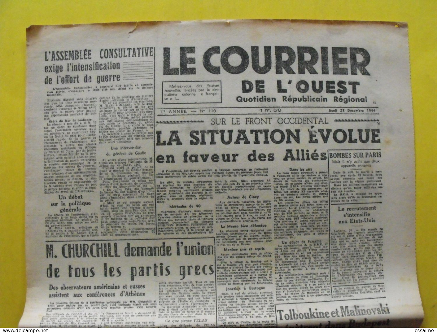 Le Courrier De L'Ouest 1ère Année N° 110 Jeudi 28 Décembre 1944 Angers De Gaulle épuration Churchill Von Papen - Altri & Non Classificati