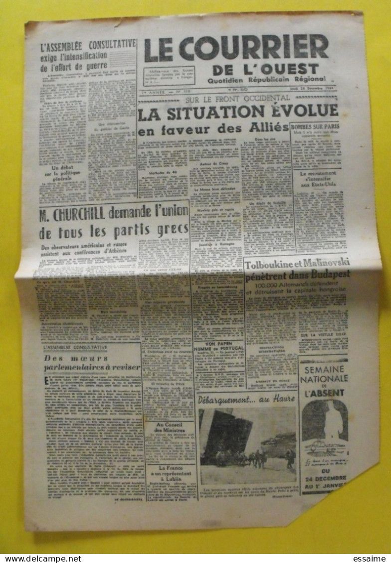 Le Courrier De L'Ouest 1ère Année N° 110 Jeudi 28 Décembre 1944 Angers De Gaulle épuration Churchill Von Papen - Altri & Non Classificati