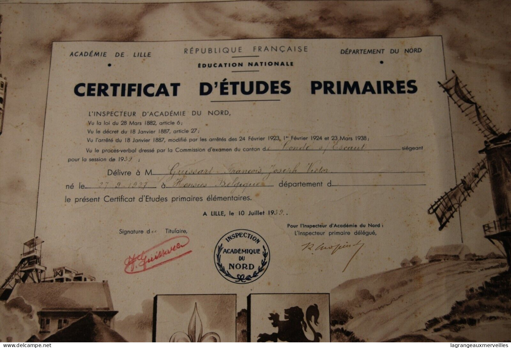 AF1 Ancien Certificat D'études Primaires - Lille 1939 - Diplômes & Bulletins Scolaires