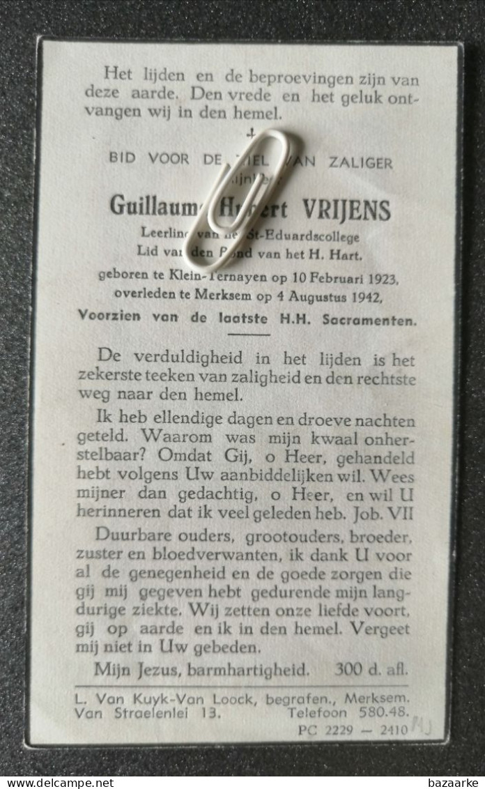 GUILLAUME HUBERT VRIJENS ° KLEIN - TERNAYEN 1923 + MERKSEM 1942 - Images Religieuses