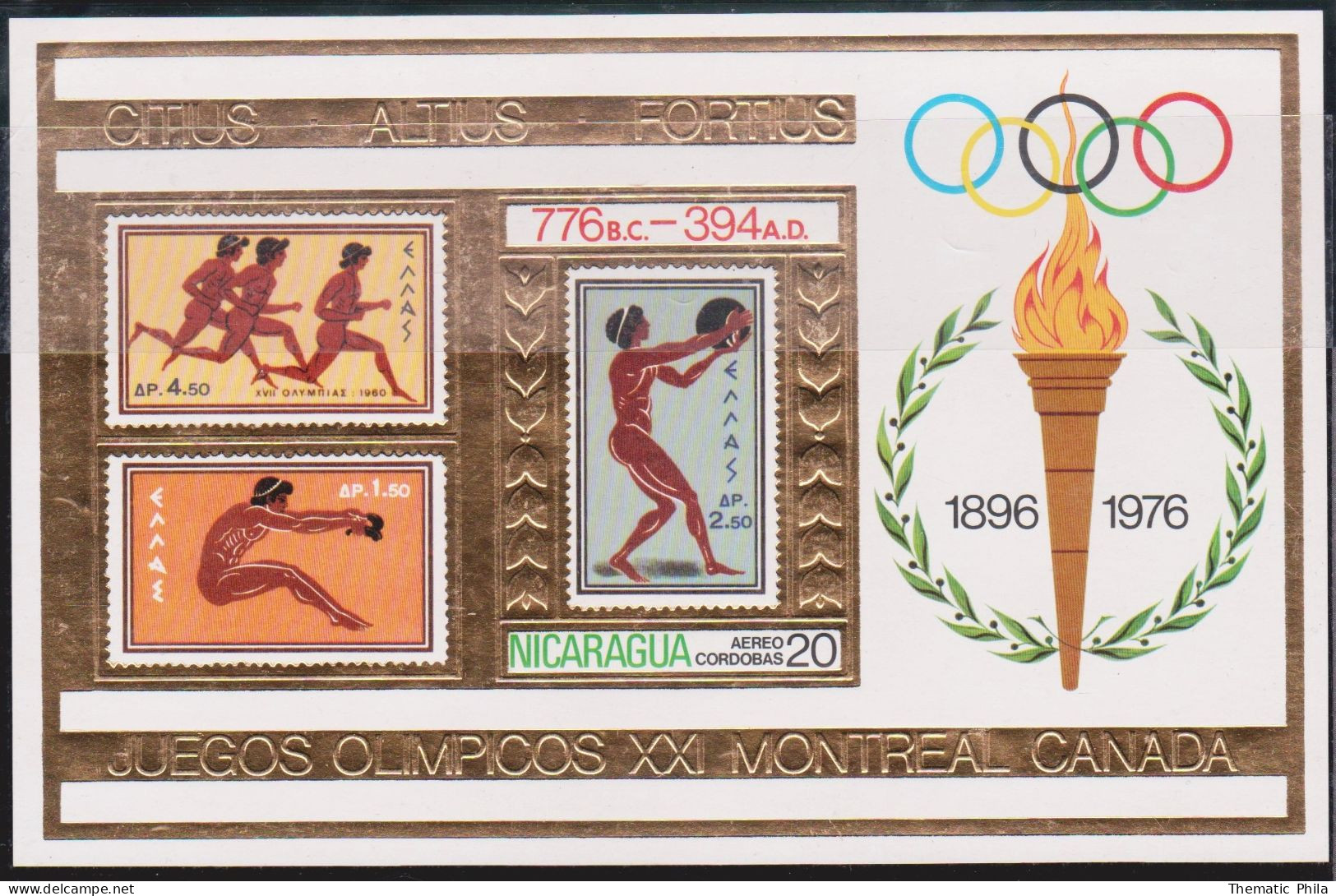 1976 Montreal Olympic Games NICARAGUA Block S/S MNH Mi 90 Gold Imperforate - Zomer 1976: Montreal