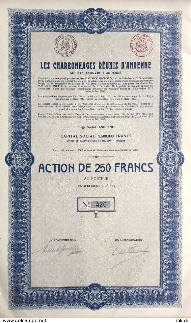 Les Charbonnages Réunis D'Andenne - 1913 - Action De 250 Francs - Miniere