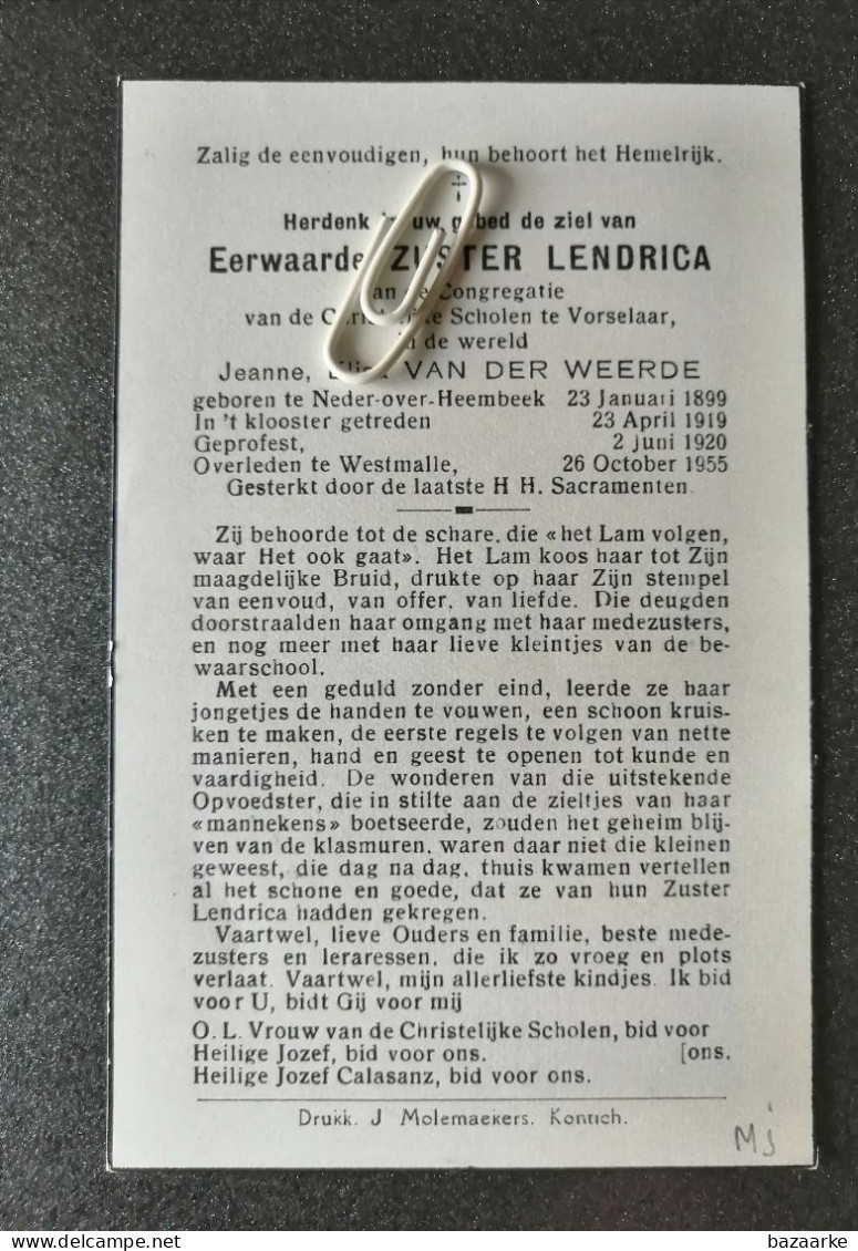 EERW. ZUSTER LENDRICA / JEANNE ELISA VAN DER WEERDE ° NEDER - OVER - HEEMBEEK 1899 + WESTMALLE 1955 - Images Religieuses