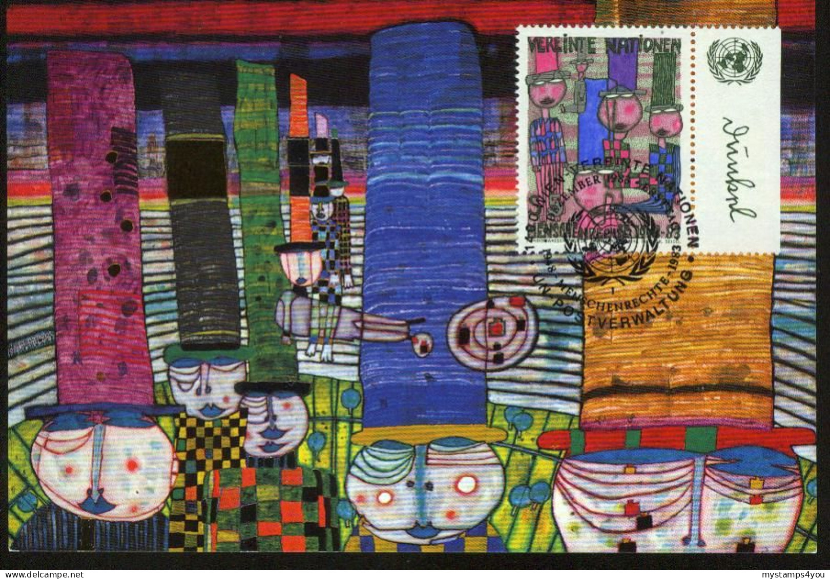 Mk UN Vienna (UNO) Maximum Card 1983 MiNr 36 | Declaration Of Human Rights. "Die Zweite Haut", Hundertwasser #max-0020 - Maximum Cards