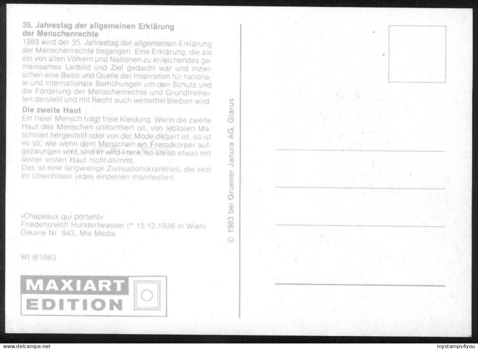 Mk UN Vienna (UNO) Maximum Card 1983 MiNr 36 | Declaration Of Human Rights. "Die Zweite Haut", Hundertwasser #max-0020 - Maximum Cards