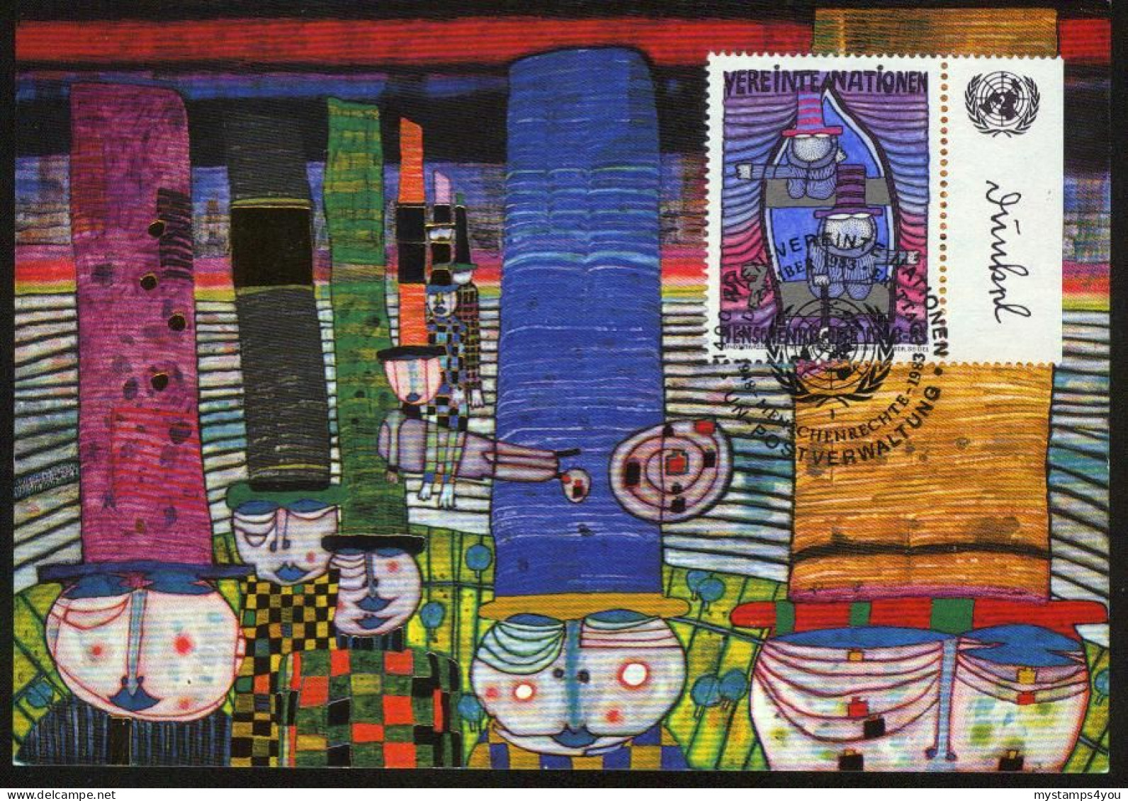 Mk UN Vienna (UNO) Maximum Card 1983 MiNr 37 | Declaration Of Human Rights. "Recht Auf Träume", Hundertwasser #max-0021 - Maximum Cards