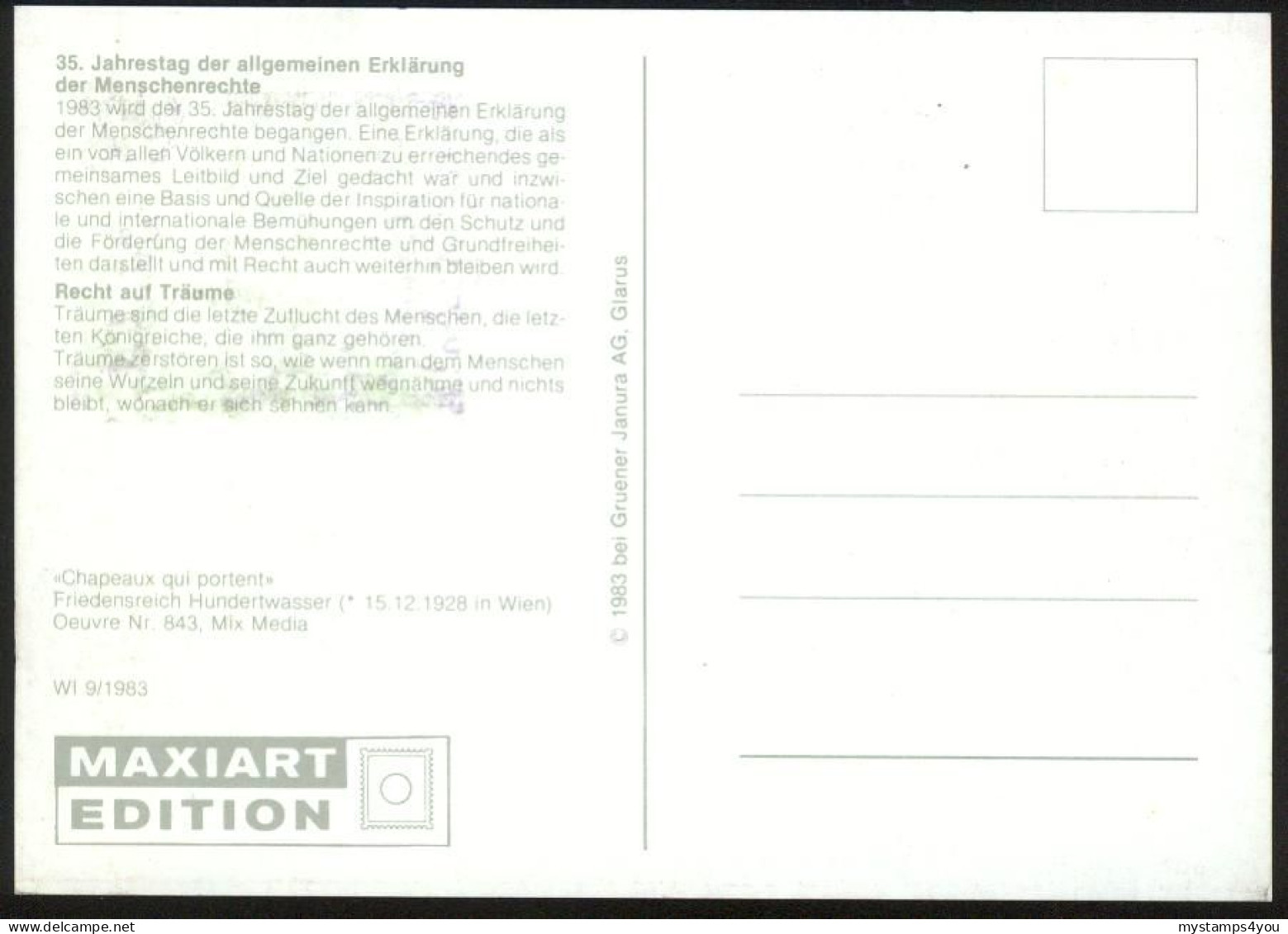 Mk UN Vienna (UNO) Maximum Card 1983 MiNr 37 | Declaration Of Human Rights. "Recht Auf Träume", Hundertwasser #max-0021 - Tarjetas – Máxima
