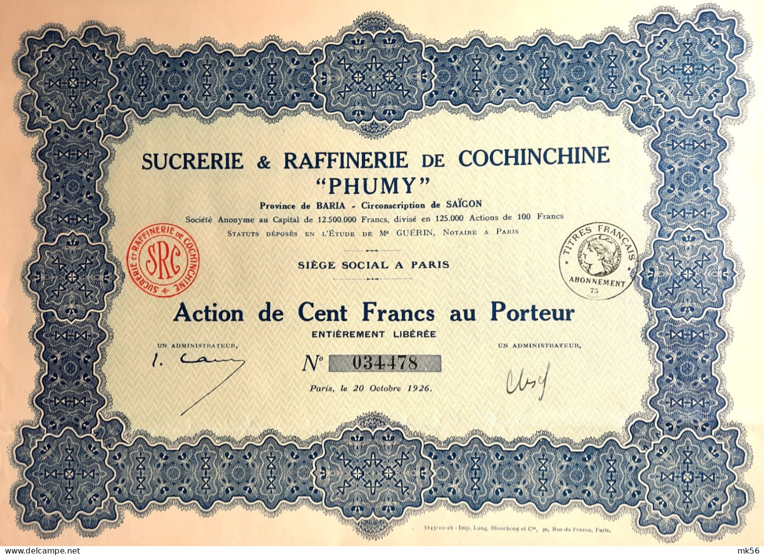 Sucrerie &  Raffinerie De Cochinchine 'Phumy' - Baria/Saigon - 1926 - Action De 100 Francs - Landwirtschaft