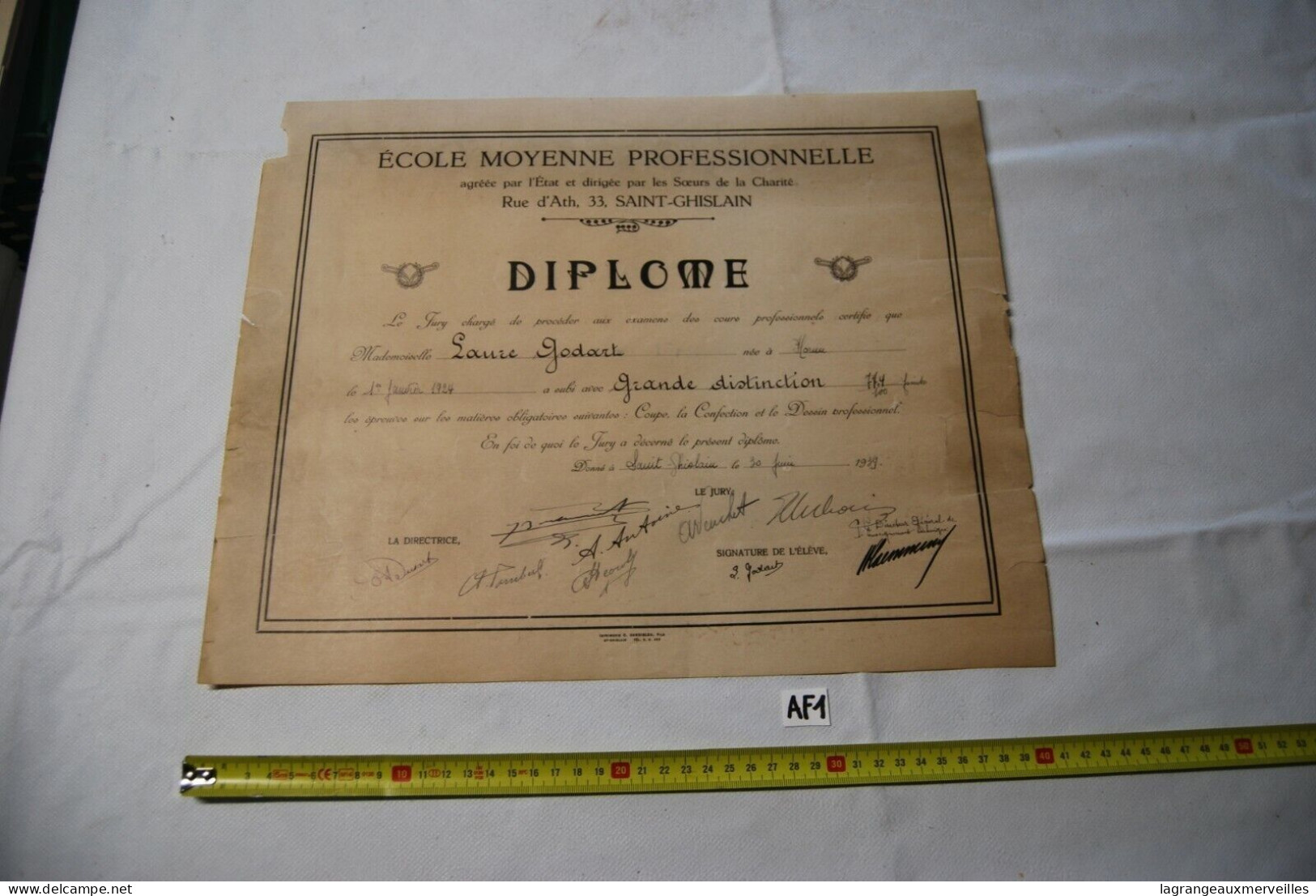 AF1 Ancien Diplôme - Ecole Saint Ghislain - Confection - 1939 - Diploma's En Schoolrapporten