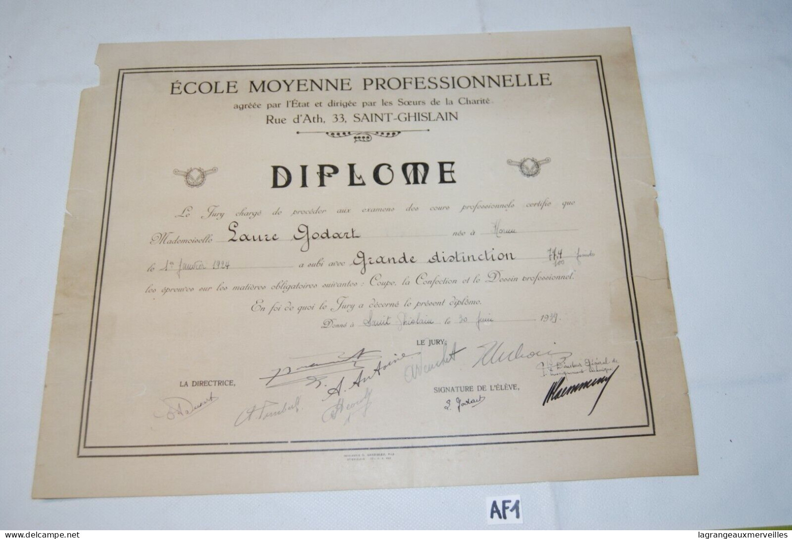 AF1 Ancien Diplôme - Ecole Saint Ghislain - Confection - 1939 - Diploma's En Schoolrapporten