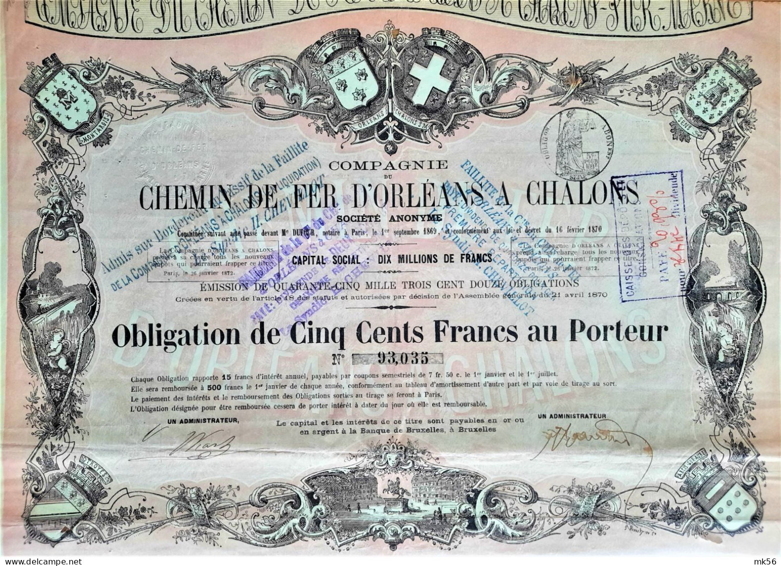 Cie De Chemin De Fer D'Orléans à Châlons - Obligation De 500 Francs - 1870 - Deco ! - Chemin De Fer & Tramway