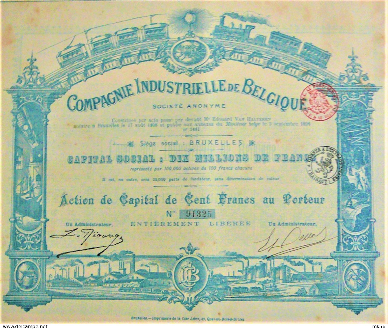 S.A.Compagnie Industrielle De Belgique - Action De Capital De 100 Francs - Spoorwegen En Trams