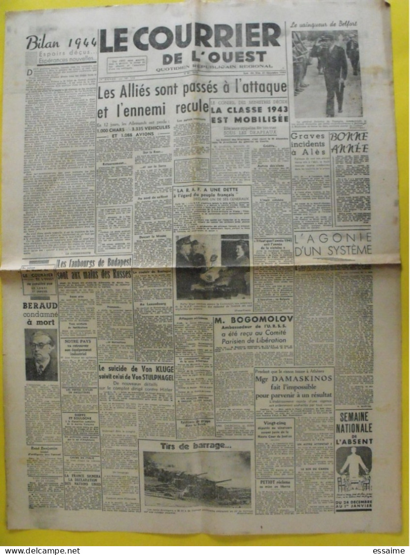 Le Courrier De L'Ouest 1ère Année N° 112 Samedi 30 Décembre 1944 Angers De Gaulle épuration Budapest Béraud Von Kluge - Altri & Non Classificati