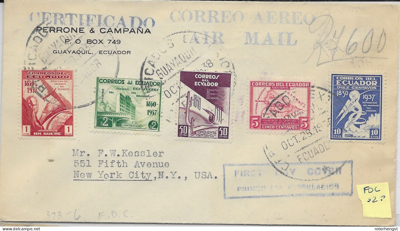 Ecuador 1937 Registered Letter To New York With Complete Set - Ecuador
