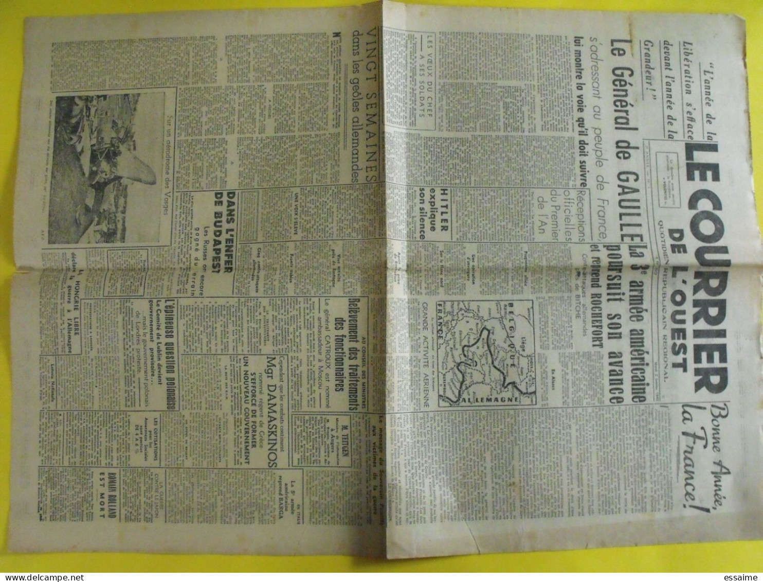 Le Courrier De L'Ouest N° 1 Mardi 2 Janvier 1945. Angers De Gaulle Hitler Budapest Catroux Teitgen Japon Romain Rolland - Altri & Non Classificati