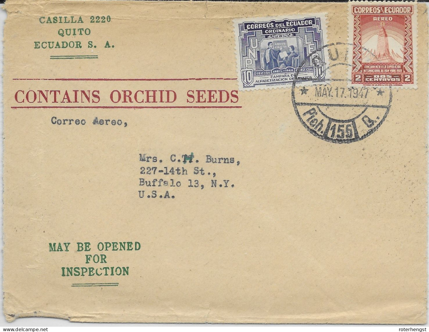 Ecuador Quito 1947 Orchid Flower Seeds Exportation To Buffalo USA - Equateur