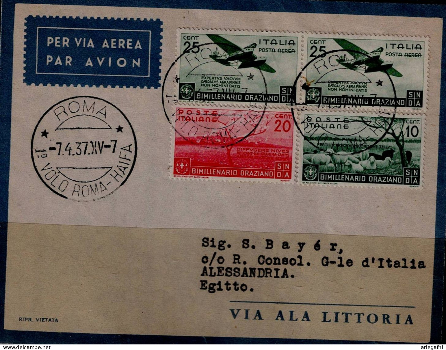 ISRAEL 1937 COVER FLYING BY AIR MAIL IN7/4/37 FROM ROMA VIA HAIFA TO ALESSANDRIA VF!! - Airmail