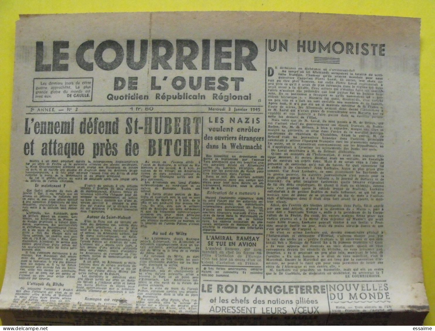 Le Courrier De L'Ouest N° 2 Mercredi 2 Janvier 1945. Angers De Gaulle Bitche Ramsay Athènes Budapest Saint Nazaire - Altri & Non Classificati