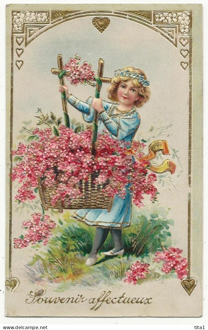 4150 - Fillette - Panier De Fleurs - Souvenir Affectueux " En Relief" - Dessins D'enfants