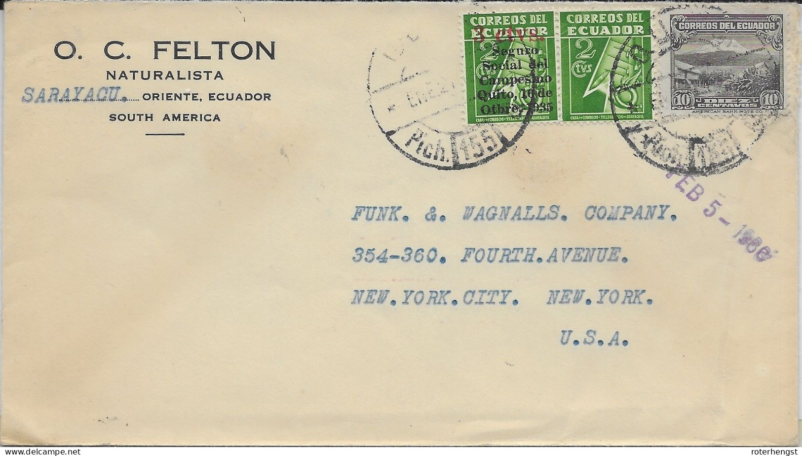 Ecuador Letter To New York USA 1936 - Equateur