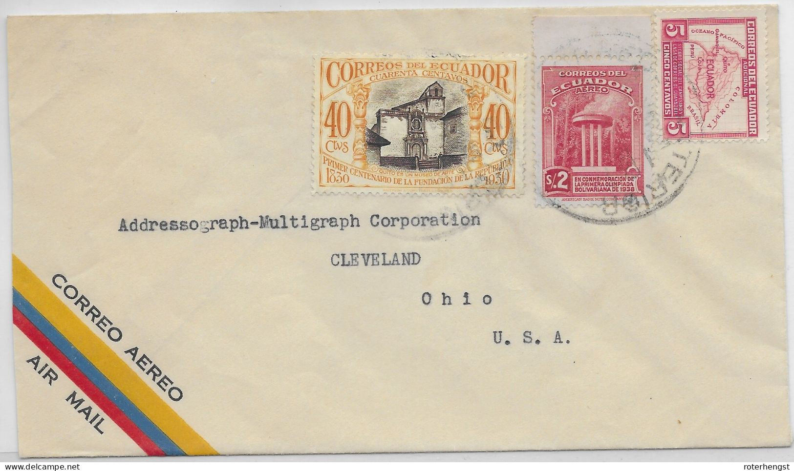 Ecuador Letter To Cleveland USA With Top Stamp From 1939 Sports Set - Equateur