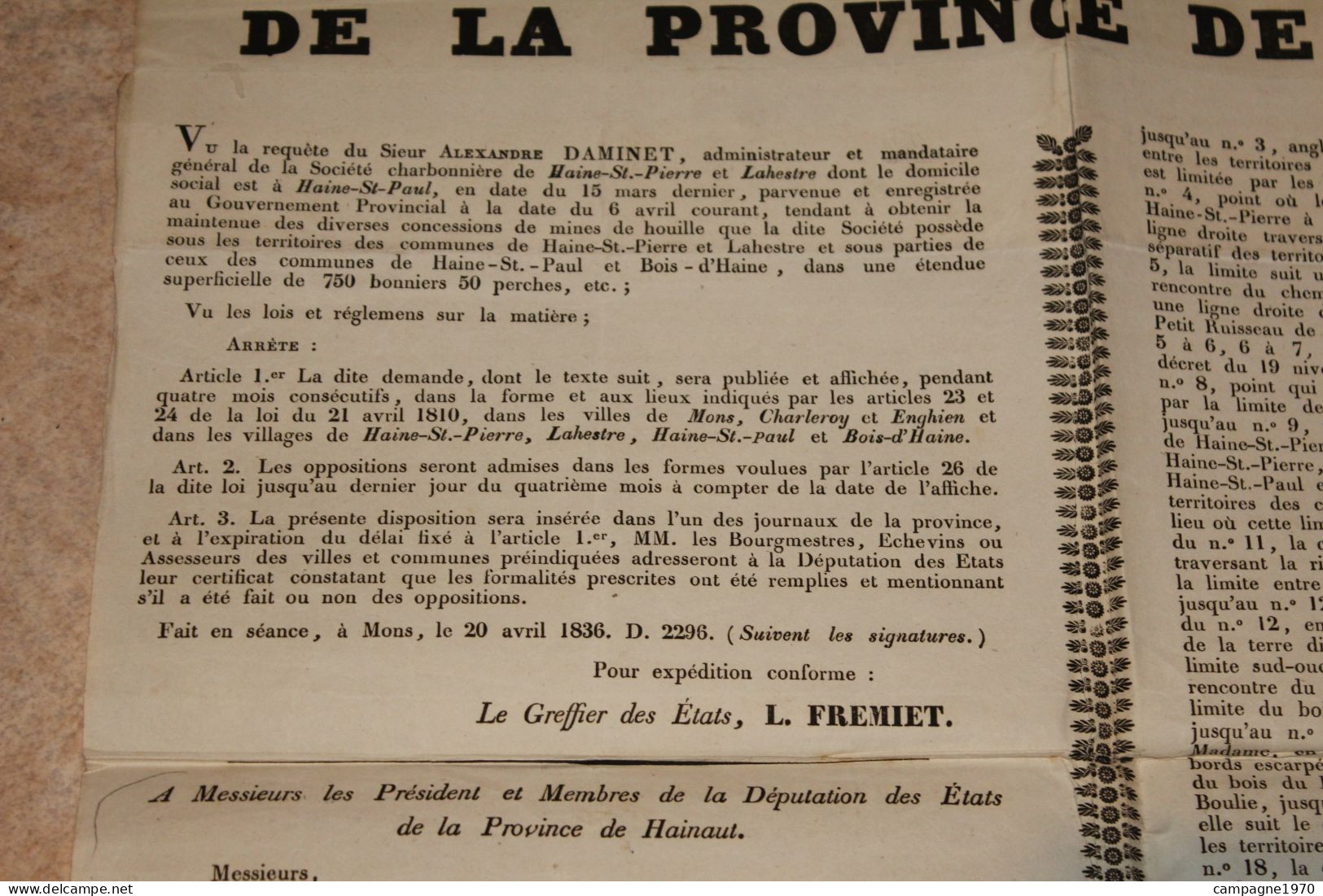 A VOIR !! ANCIENNE AFFICHE - 1836 - CONCESSION POUR LE CHARBONNAGE DE HAINE SAINT PIERRE ET LA HESTRE - Posters