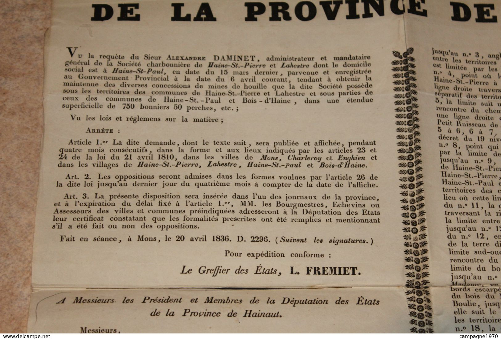 A VOIR !! ANCIENNE AFFICHE - 1836 - CONCESSION POUR LE CHARBONNAGE DE HAINE SAINT PIERRE ET LA HESTRE - Plakate