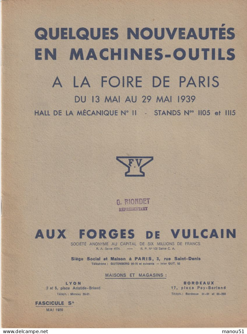 MACHINES-OUTILS  AUX FORGES DE VULCAIN - Nouveautés à La Foire De Paris 1939 - Sonstige & Ohne Zuordnung