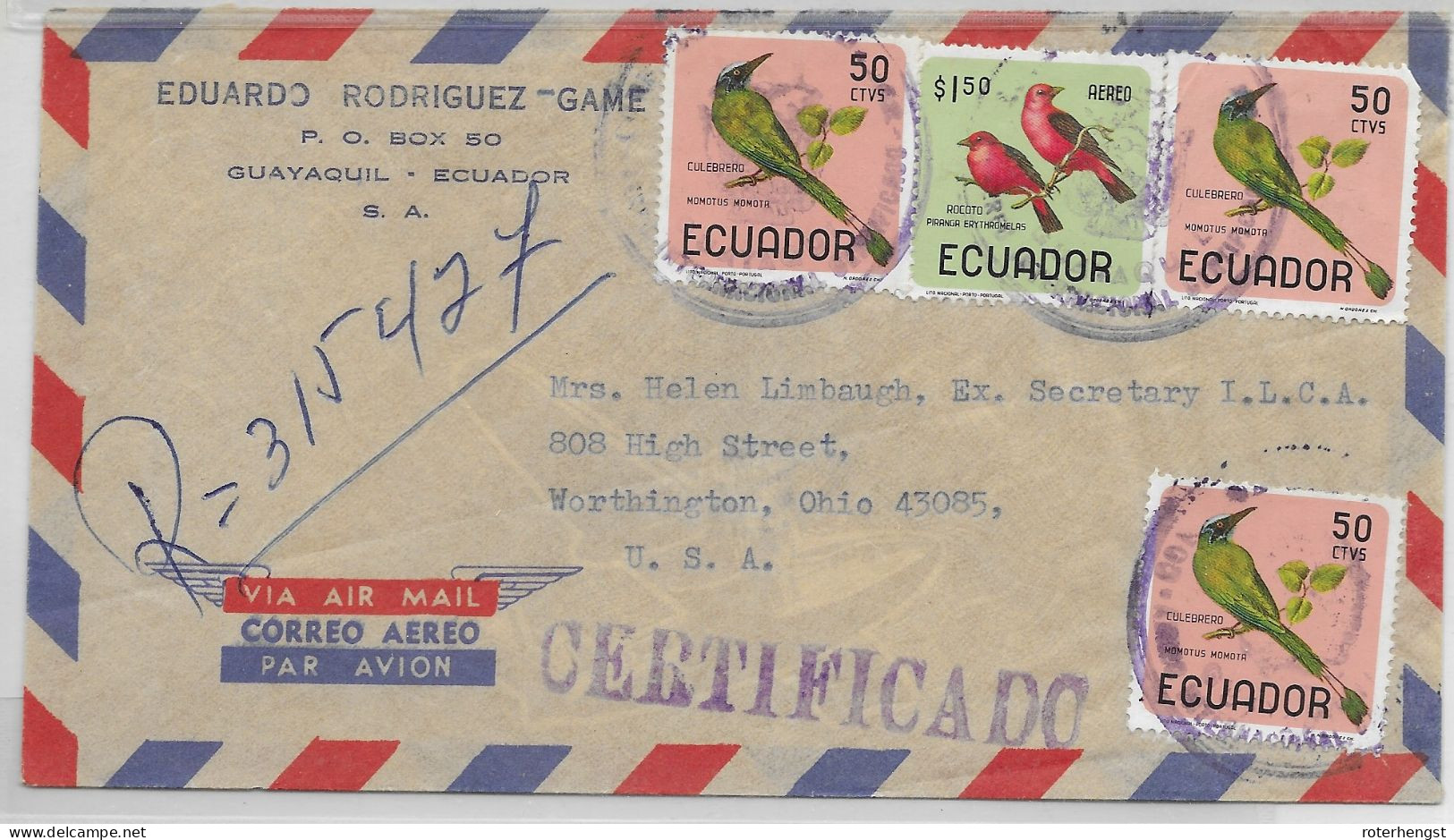 Ecuador Letter 1967 Birds To Worthington Ohio USA - Equateur