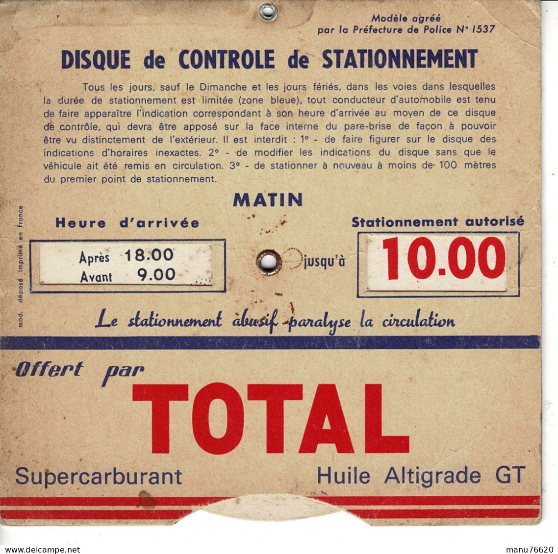 Disque Contrôle De Stationnement : Offert Par Total. - KFZ