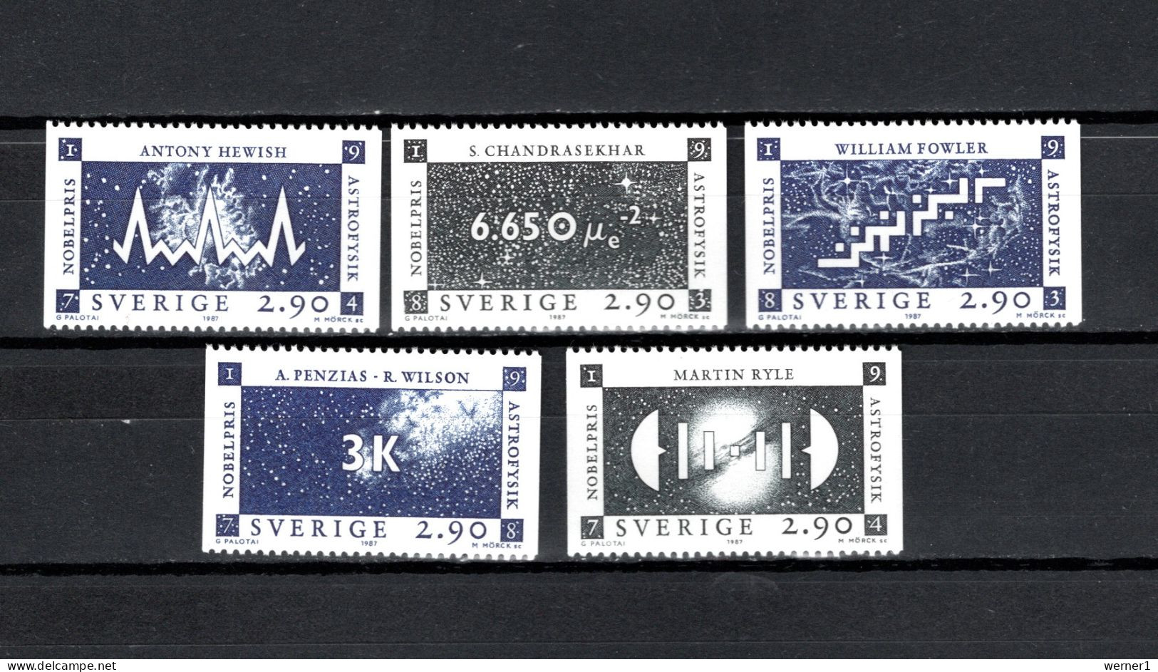 Sweden 1987 Space, Astrophysic Nobel Prize Winners Set Of 5 Single Stamps MNH - Europe